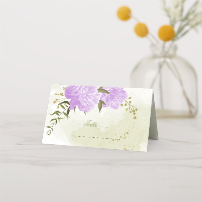 söt lila blommor grönt löv placeringskort (Framsida)