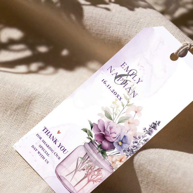 Söt Lila blommor i Mason Burk Blommigt Bröllop Presentetikett (Pretty Purple Flowers in Mason Jar Floral Wedding Gift Tags)