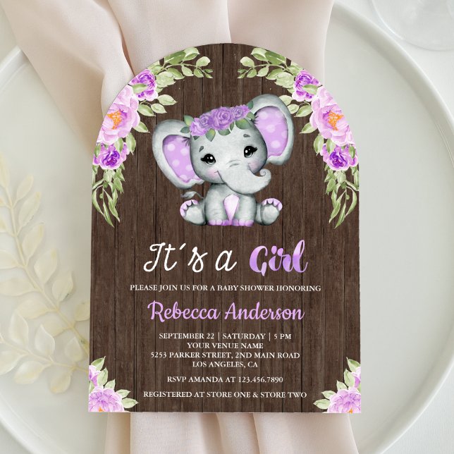 Söt lila blomster elefantbåge trä baby shower inbjudningar (Skapare uppladdad)