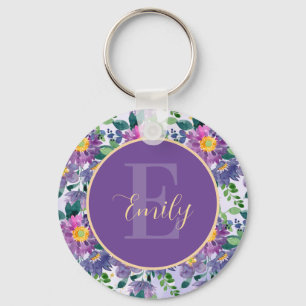 Söt Lila Blue Blommigt Namn Monogram Nyckelring