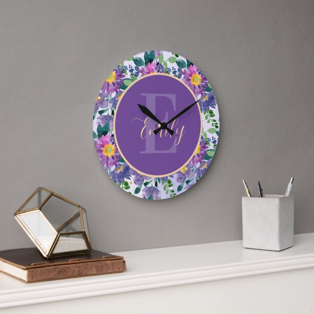 Söt Lila Blue Blommigts Monogram Stor Klocka (Kontor)