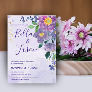 Söt Lila Blue Watercolor Blommigt Bröllop Inbjudningar