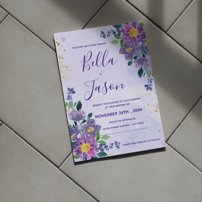 Söt Lila Blue Watercolor Blommigt Bröllop Vykort (Pretty Purple Blue Watercolor Floral Wedding Invitation Postcard)