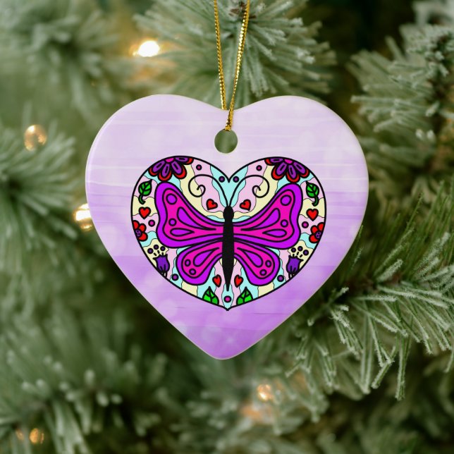 Söt Lila Butterfly och Heart Mandala Julgransprydnad Keramik (Träd)