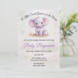 Söt lila elefantflicka Baby Shower Inbjudningar