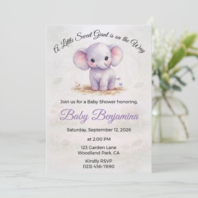 Söt lila elefantflicka Baby Shower Inbjudningar (Stående Fram)