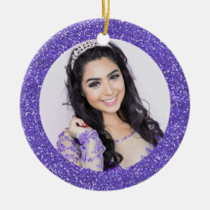 Söt Lila Faux Glitter Monogram Photo Julgransprydnad Keramik