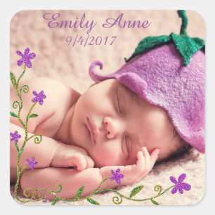 Söt Lila Flower Baby Photo Sticker Fyrkantigt Klistermärke