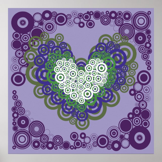 Söt Lila Grönt Hearts and Circles Mönster Poster (Framsidan)