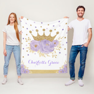 Söt Lila Guld Blommigt Royal Krona Princess Fleecefilt