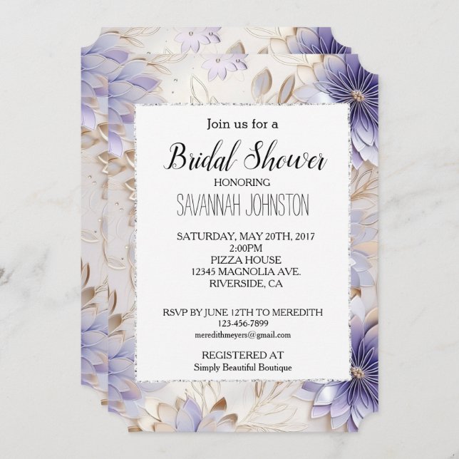 Söt Lila Guld Pearl Blommigt Inbjudningar (Fram/baksida)
