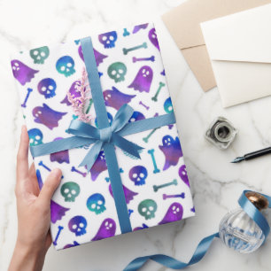 Söt lila Halloween-ghost, läskig blå dödskalle och Presentpapper