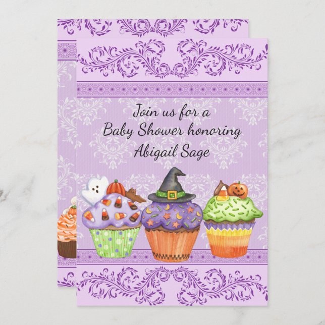 Söt Lila Halloween Muffins Baby Shower Inbjudningar (Fram/baksida)