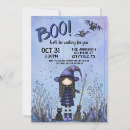 Söt lila häxa barn Halloween Inbjudningar