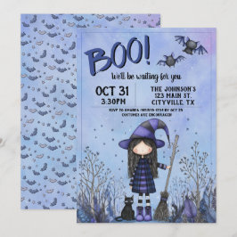 Söt lila häxa barn Halloween Inbjudningar