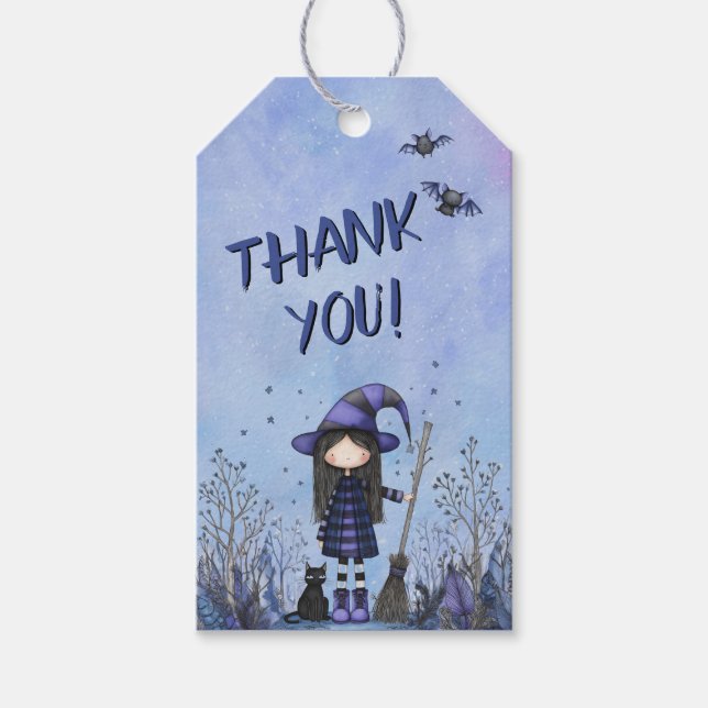 Söt lila häxa barn Halloween Presentetikett (Framsidan)