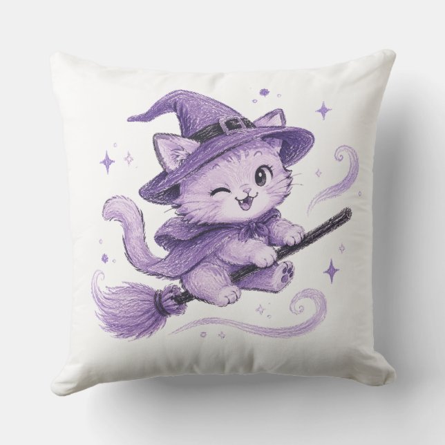 Söt lila häxa katt på kvast Halloween Kudde (Baksida)