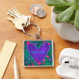 Söt Lila Heart Blommigt Inspirief Keychain Fyrkantig Silverfärgad Nyckelring