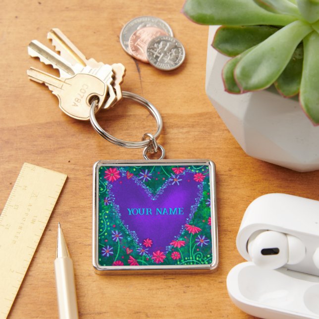 Söt Lila Heart Blommigt Inspirief Keychain Fyrkantig Silverfärgad Nyckelring (Skrivbord)
