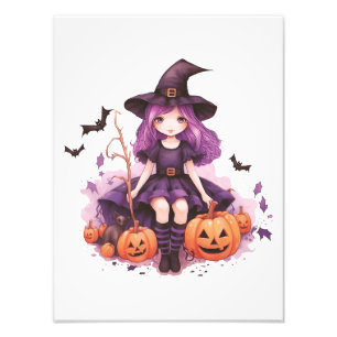 Söt Lila Hjärt Witch Pumpkins & Fladdermus Fototryck