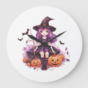 Söt Lila Hjärt Witch Pumpkins & Fladdermus Stor Klocka