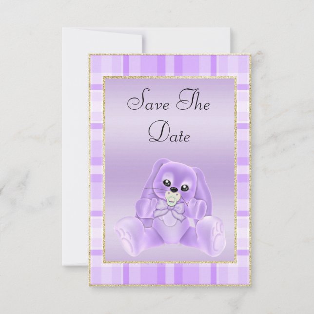 Söt lila kanin Spara datum Baby Shower Datumet (Framsida)
