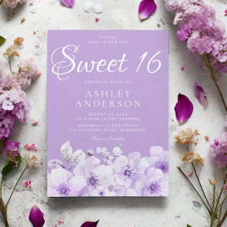 Söt Lila Lavendel Violett Sweet 16 Födelsedag Inbjudningar