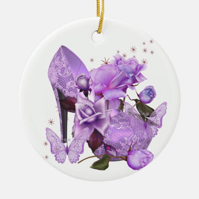 Söt Lila Lavender Hi Heel Ro Blommigt Julgransprydnad Keramik (Framsidan)