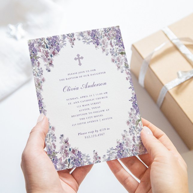 Söt Lila Lilac | Baptism i vattenfärgen Ram Inbjudningar (Skapare uppladdad)