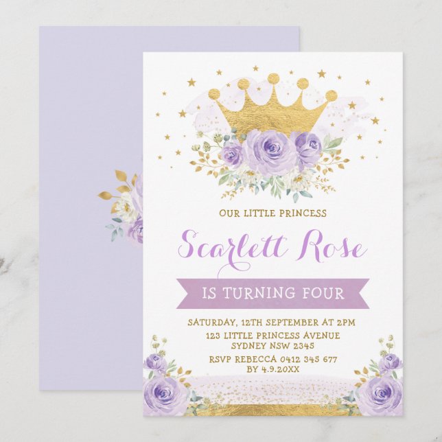 Söt Lila Lilac Princess Guld Krona Birthday Inbjudningar (Fram/baksida)