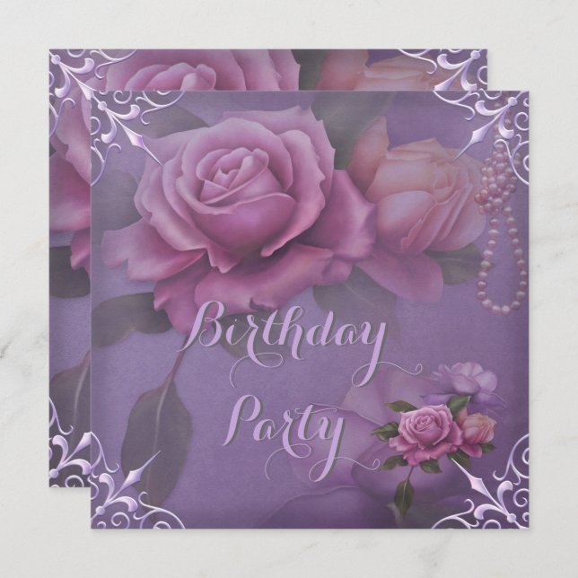 Söt Lila Lilac Rosa ros Födelsedagsfest Inbjudningar (Fram/baksida)