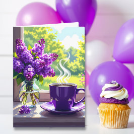 Söt Lila Lilacs och Kaffe Grattis på födelsedagen  Kort