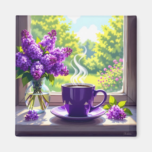 Söt Lila Lilacs och kaffe Magnet (Framsidan)