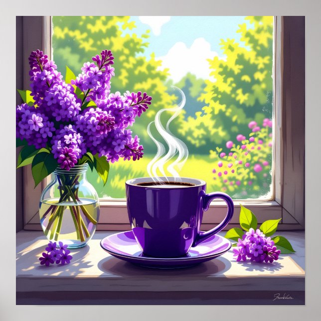 Söt Lila Lilacs och kaffe Poster (Framsidan)