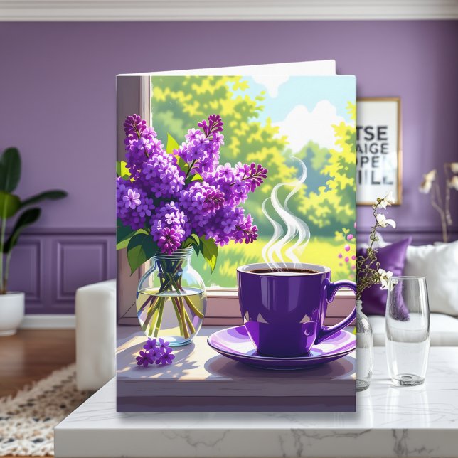Söt Lila Lilacs och kaffe som tänker på dig Kort (Skapare uppladdad)