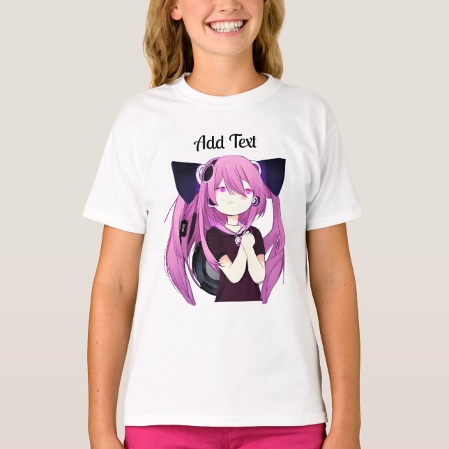 Söt Lila och Black Anime Girl med Cat Öron T Shirt (Framsida)