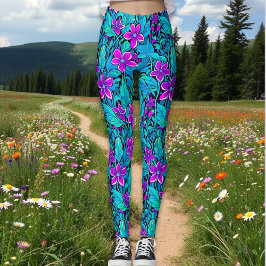 Söt Lila och blått Blommigt Leggings
