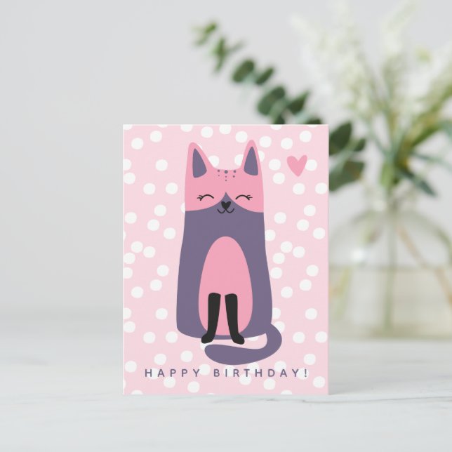 Söt lila och rosa katt barnkalas vykort (Stående Fram)