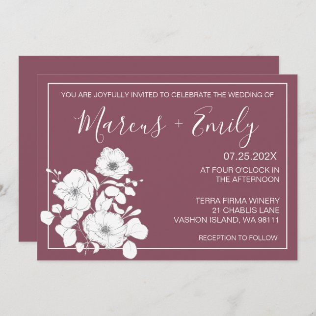 Söt Lila och vitBlommigt Bröllop Inbjudningar (Fram/baksida)