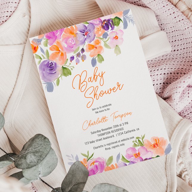 Söt lila orange blommigt -manusdusch för babydusch inbjudningar (Pretty purple orange floral script baby shower invitation)