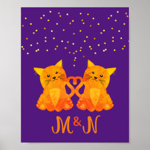 Söt lila orange kattungepar Monogram Poster