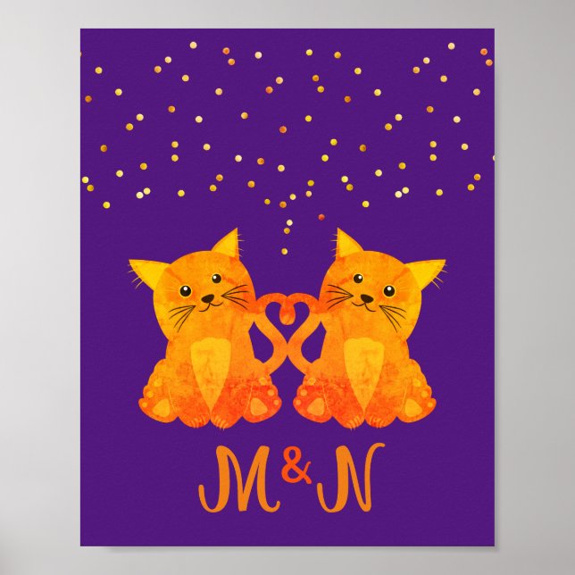 Söt lila orange kattungepar Monogram  Poster (Framsidan)