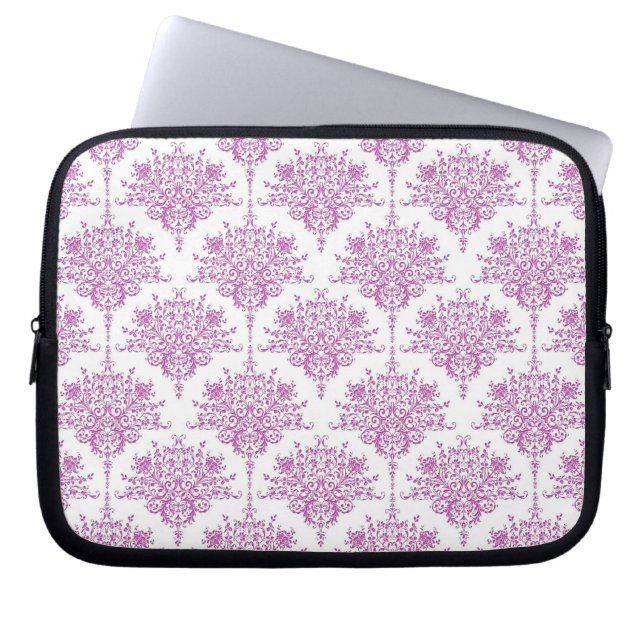Söt lila över vit blom-damaskmönster laptop sleeve (Framsidan)