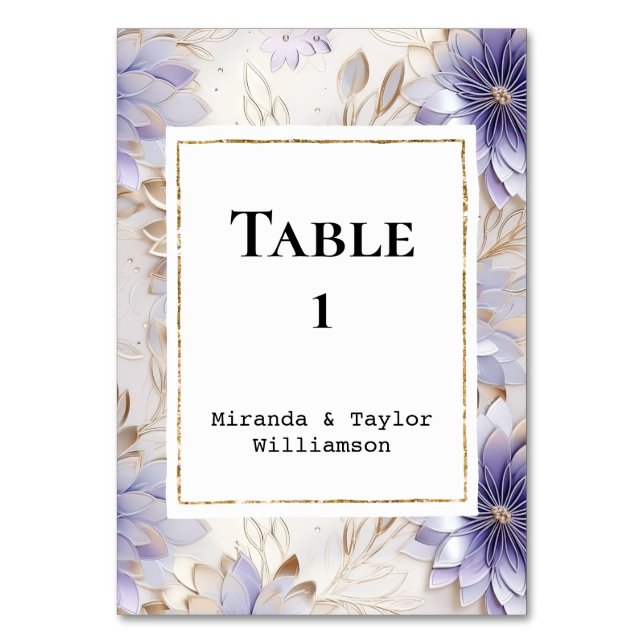 Söt Lila Pearl Guld Blommigt Bröllop Bordsnummer (Framsidan)