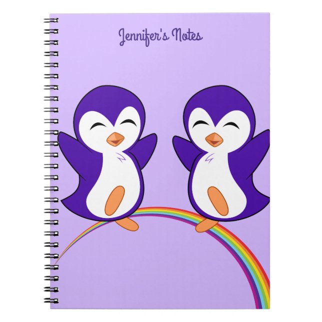 Söt Lila Penguin Rainbow Monogram Kids Anteckningsbok (Framsidan)