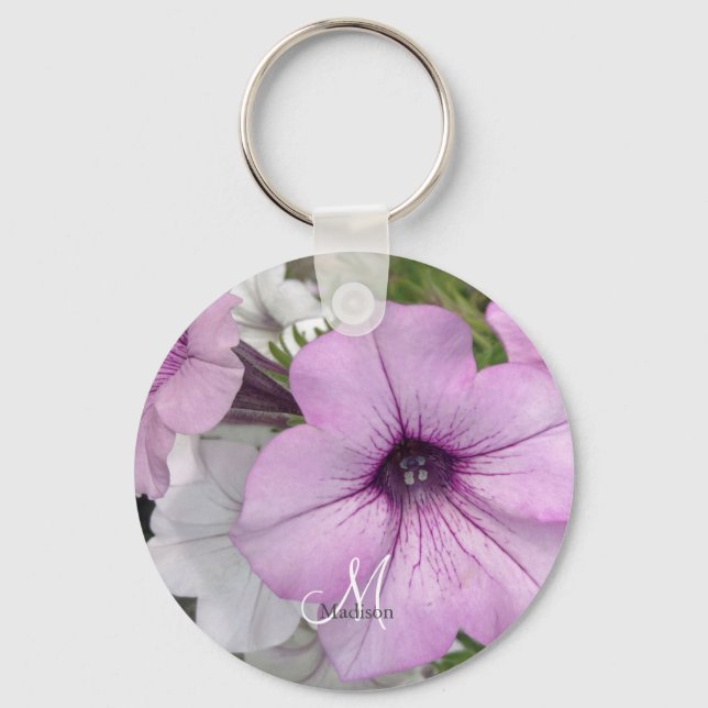 Söt Lila Petunia Photo Monogram Namn Nyckelring (Framsida)
