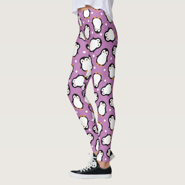 Söt lila pingvinmönster leggings (Vänster)