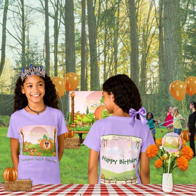 Söt Lila Pumpkin Patch Princess Girl's B'day T Shirt (Cute lavender birthday shirt with your uploaded photo in the front, and personalization on the back)