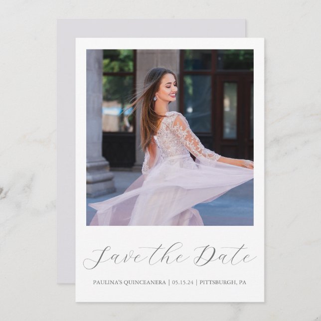 Söt Lila Quinceanera Simple Calligraphy Photo Spara Datumet (Fram/baksida)