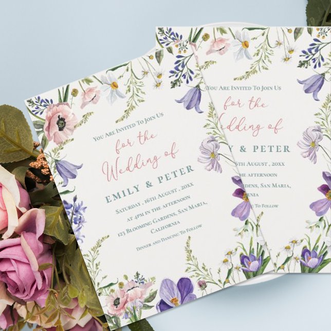 Söt Lila  Rosa Blommigt Gräns Bröllop Inbjudningar (Pretty Purple Blush Pink Floral Border Wedding Invitation)